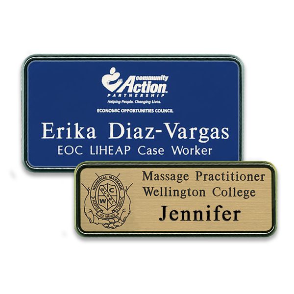 Blue and gold plastic name tags with engraved logos, names, titles, and text with silver and gold frames.