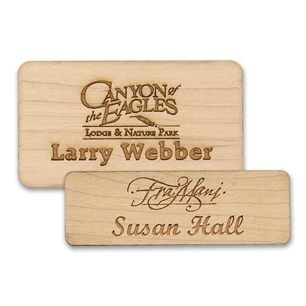 Standard wooden name tags with engraved logo and lines of text on high quality birch wood.