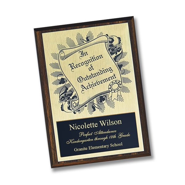 achievement plaque with 2 personalized engraved gold and black plastic plates, mounted on wood base