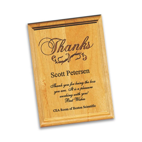 100% solid red alder wood plaque, laser engraved, with thank you logo and personalized inscription