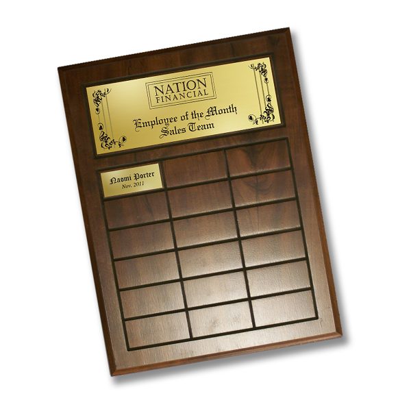 fully-customizable cherry finish perpetual plaque with engraved gold plastic header plate and insert