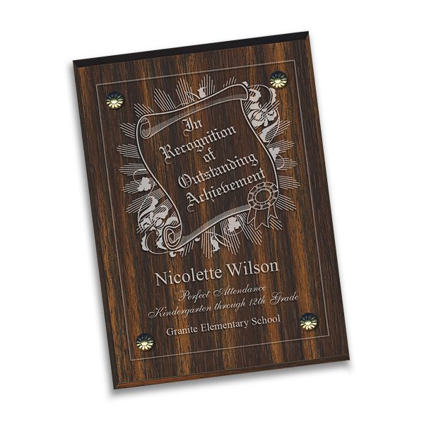 100% laser engraved acryllic plaque plate with personalized description, mounted on wood base