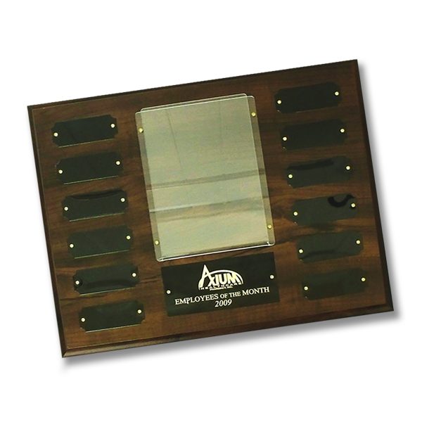 perpetual photo plaque with cherry finish, black metal inserts, and plastic frame for displaying photos