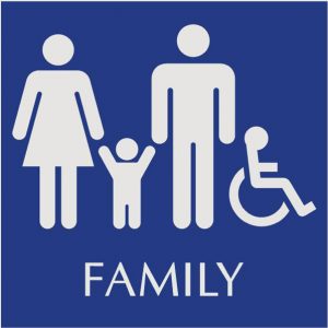 blue restroom sign with engraved family and wheelchair accessible pictograms