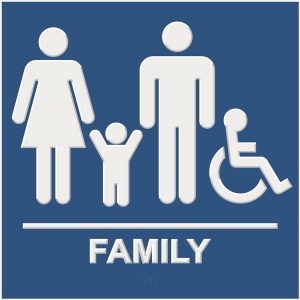 blue ada compliant restroom sign with braille and raised lettering, family, and wheelchair accessible pictograms