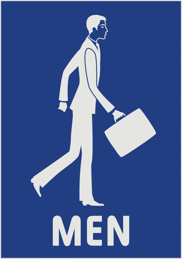 blue engraved sign with figure of business man with briefcase