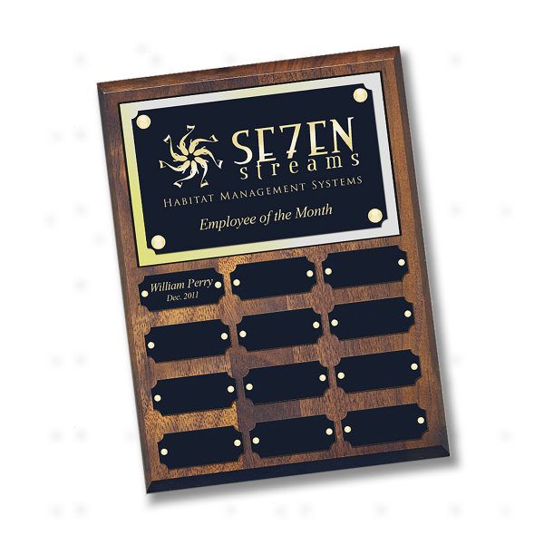 Fully-customizable solid walnut perpetual plaque with black metal plastic header plate and inserts