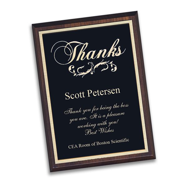 engraved thank you plaque, black plastic with gold Thank You logo and personalized inscription, mounted on wood base
