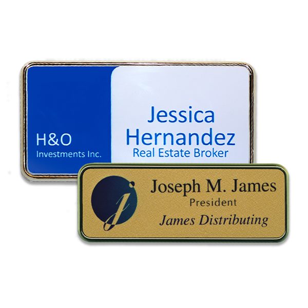Full color printed logos and text on white and gold plastic name tags with silver and gold frames.