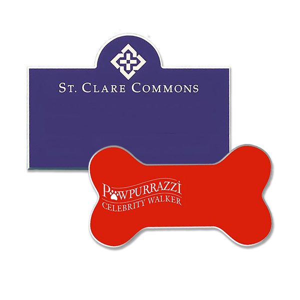 custom shaped engraved name tag assortment in various colors and shapes