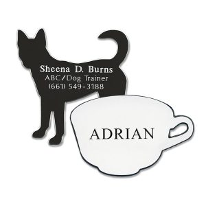 custom shaped engraved name tag assortment in various colors and shapes
