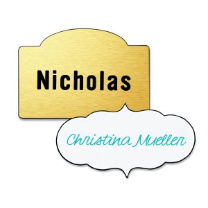 Custom shaped name tags with full color text. Beige background with purple text and white background with turquoise text.