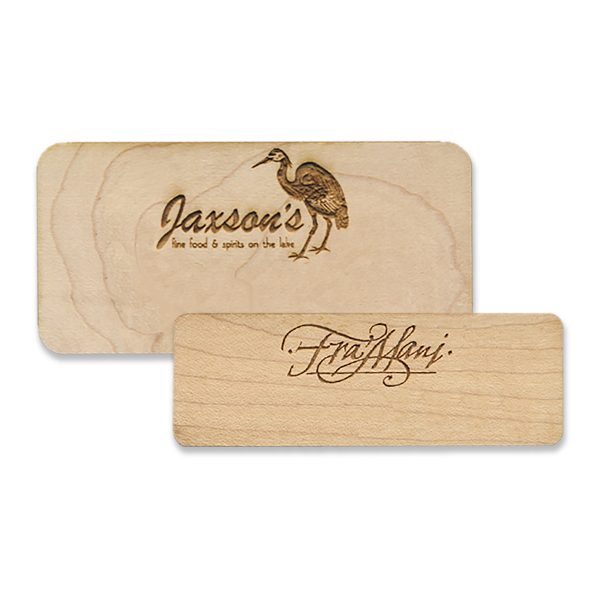 Standard wooden name tags with engraved company logos on high quality birch.