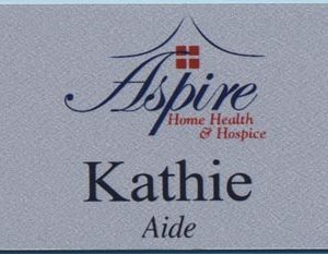 full color silver name tag with printed logo name and text
