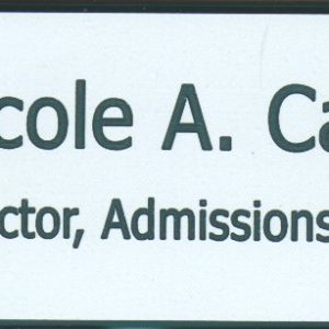 white name tag with green engraved logo, name and title