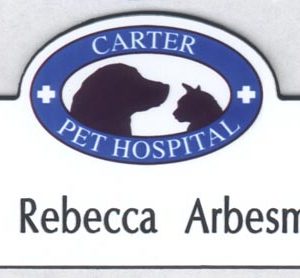 Full color custom shaped name tag with printed logo and engraved name