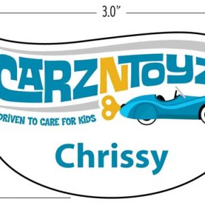 Full color printed cut out name tag with logo and name