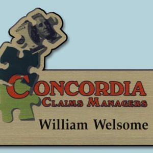 Full color custom shape name tag with printed logo and name