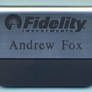 metallic silver pocket name tag with black engraved logo and name