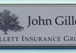 silver framed full color name tag with printed logo and name