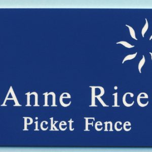 blue name tag with white engraved logo name abd company