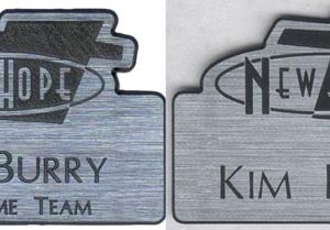 engraved custom shaped name tag with logo & text