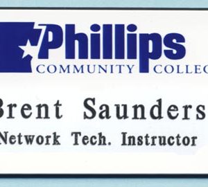 Full colr name tag with printed log and engraved name and title
