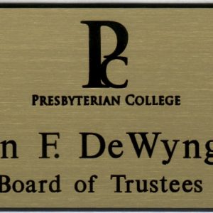 engraved gold name tag with black logo & text