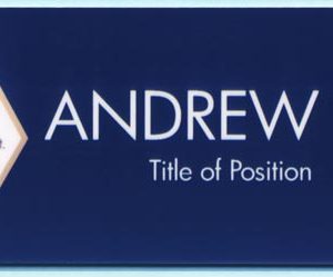 full color printed name tag with large solid color fill logo & text