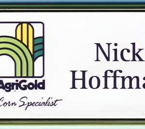 gold framed full color name tag with printed logo and name