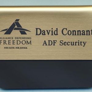 gold pocket name tag with engraved logo and text