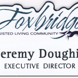 full color name tag with printed logo engraved text and custom shape