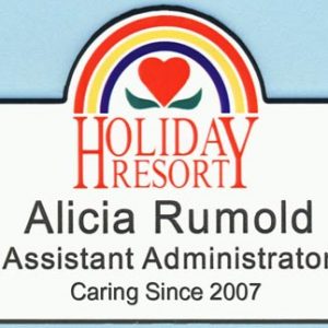 full color printed custom shaped name tags with logo & engraved text