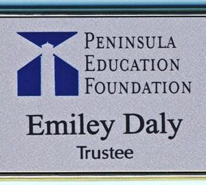 silver framed name tag printed in full color with logo & text