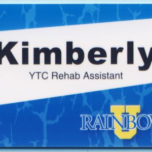 full color name tag with blue background and printed logo and text