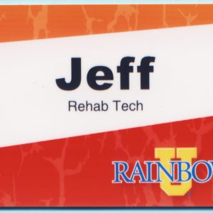 full color name tag with red background and printed logo and text