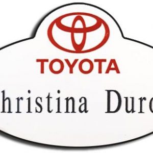 full color custom shaped name tag with printed toyota logo and engraved text