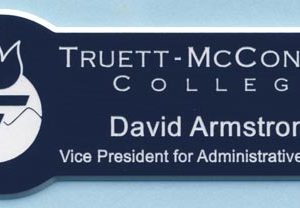 engraved custom-shaped name tag with logo & text