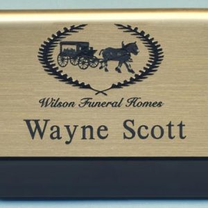 gold metallic pocket name tag with engraved logo and text