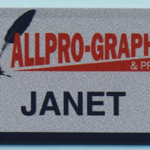 full color silver name tag with printed gradient border logo and text