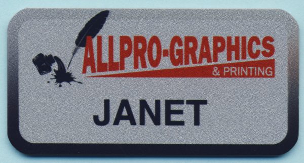 full color silver name tag with printed gradient border logo and text