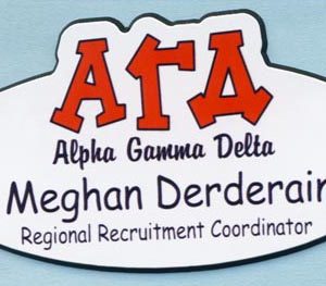 full color printed custom shaped name tag with logo & text