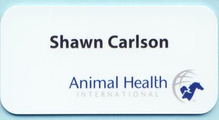 white name tag with full color printed logo and text