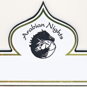 white custom shaped name tag with gold foil and black engraved logo