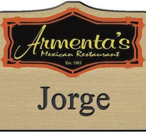 full color printed custom shaped name tag with logo & engraved text
