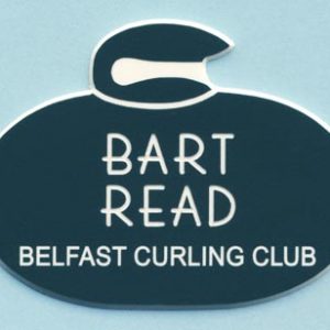 green curling stone custom shaped name tag with white engraved text