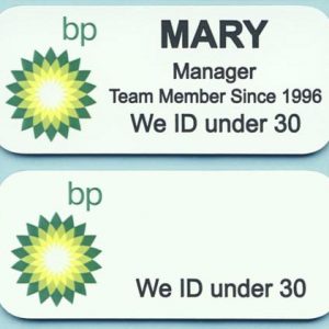 white name tag with full color BP logo and black engraved text