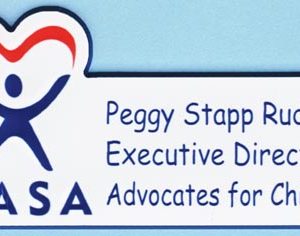 white name tag with blue custom shape edge full color printed logo and text