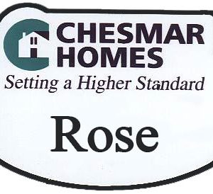 white full color custom shaped name tag with printed logo and engraved name