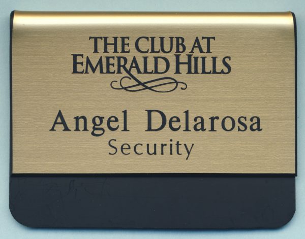 gold metallic pocket name tag with black engraved logo and text